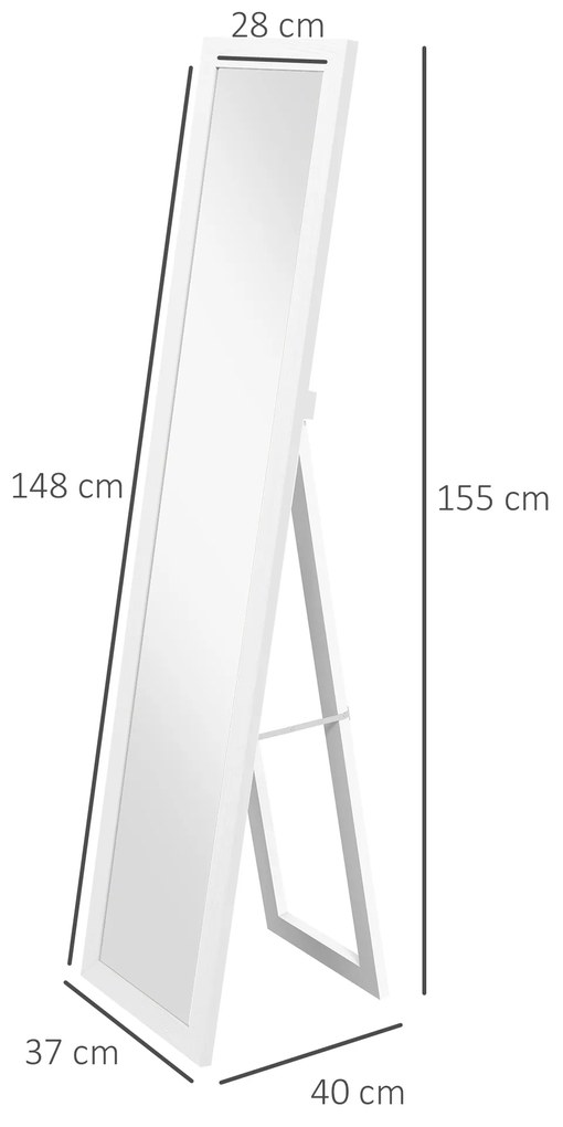 Espelho de Pé 37x155 cm Espelho de Corpo Inteiro Espelho de Parede Retangular com Estrutura de Madeira Branco
