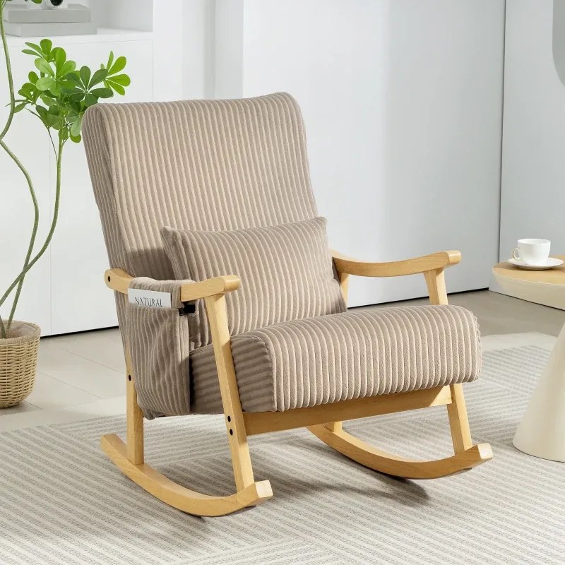 Cadeira Baloiço Moderna em Veludo Cotelê com Apoio para os Braços Almofada Lombar e Bolso Poltrona de Amamentação 65x90x98 cm Castanho Claro
