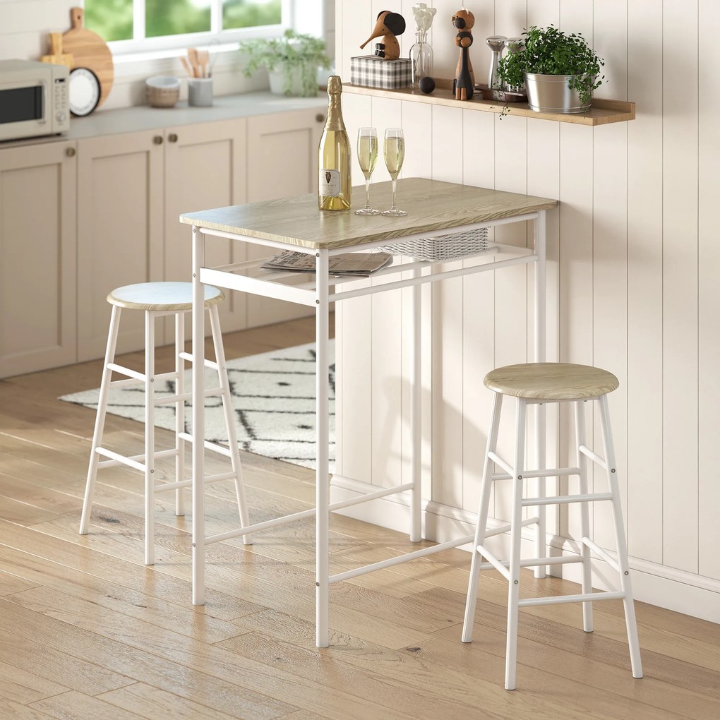 Conjunto de Móvel Bar com Mesa Alta e 2 Bancos com Prateleira de Armazenamento e Estrutura de Metal 80x50x90cm Branco e Madeira