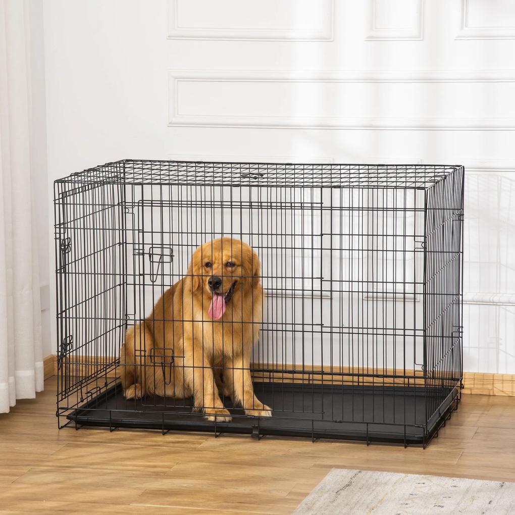 PawHut Gaiola para Cães com 2 Portas Gaiola para Animais de Estimação de Arame Dobrável com Alça de Transporte Aço 121x74,5x81cm Preto