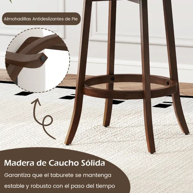 Conjunto de 2 bancos giratórios de bar sem encosto com assentos estofados e apoio para os pés para sala de jantar 46 x 43 x 74 cm Castanho