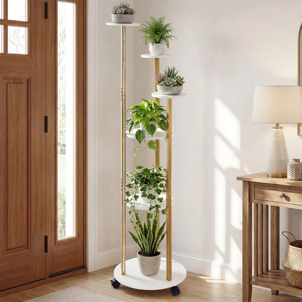 Suporte para plantas de canto com 6 níveis 45 x 43 x 146,5 cm, rodas bloqueáveis, luzes LED com 16 cores, comando à distância, branco
