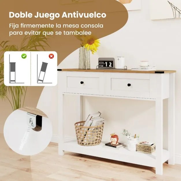 Mesa consola 106 x 30 x 81,5 cm com 2 gavetas e prateleira aberta, estreita, para hall de entrada, corredor ou sala de estar, branca
