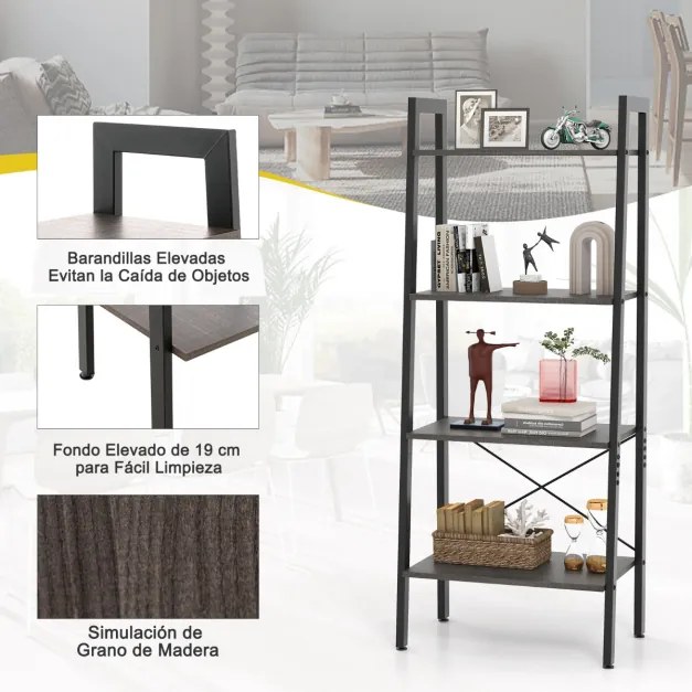 Estante de 4 níveis em escada para escritório Estante industrial com estrutura metálica para plantas 56 x 34 x 138 cm Castanho Escuro