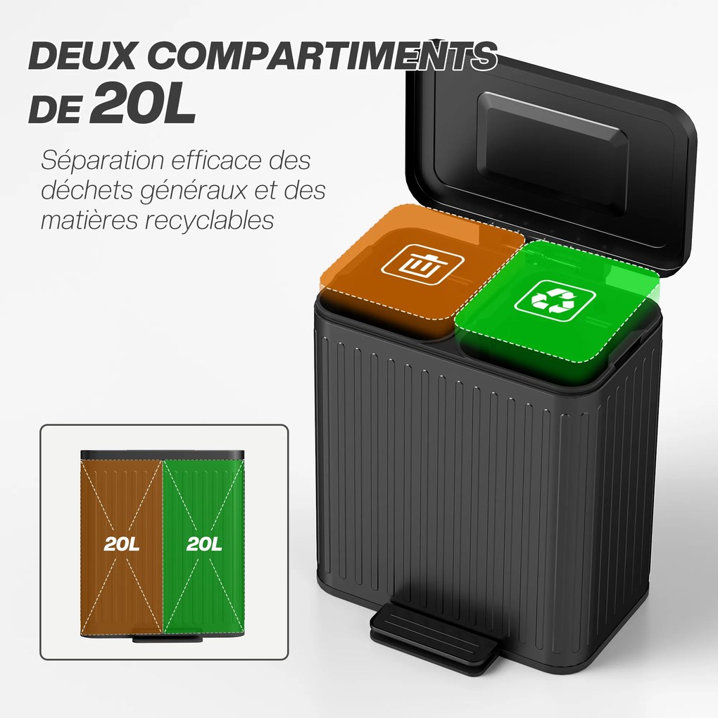 Caixote do lixo com dois compartimentos de 2 x 20 L, 45,5 x 36,5 x 51 cm com pedal, baldes interiores removíveis, preto