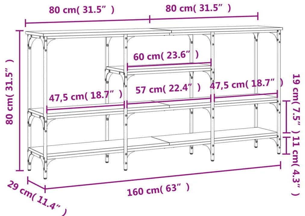 Mesa consola 160x29x80 cm derivados de madeira cinzento sonoma
