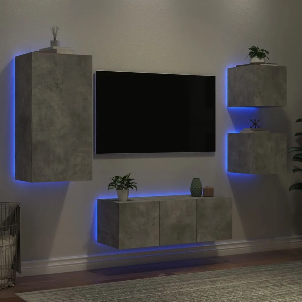 vidaXL 5 pcs móveis parede p/ TV c/ LEDs deriv. madeira cinza cimento