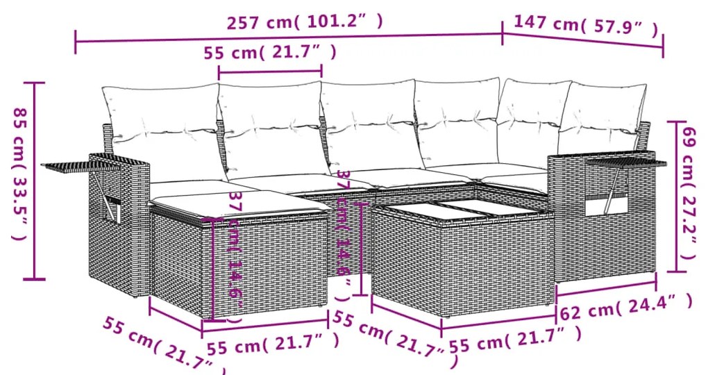 7 pcs conjunto de sofás p/ jardim com almofadões vime PE bege
