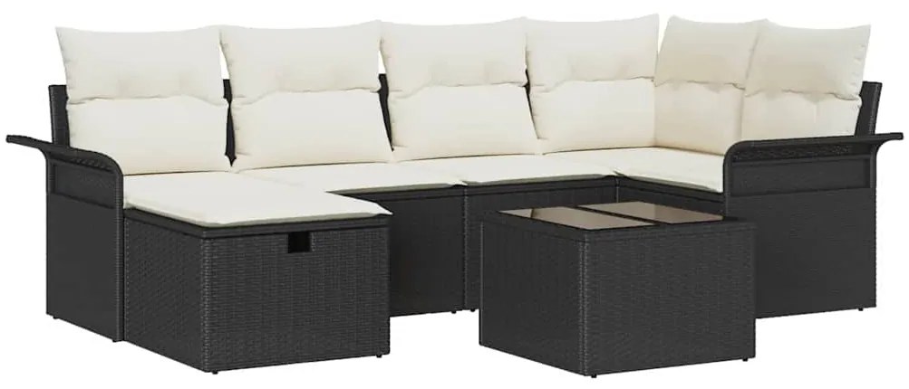 Conjunto de Sofá de Jardim de 7 Peças com Almofadas Preto Rattan Polím