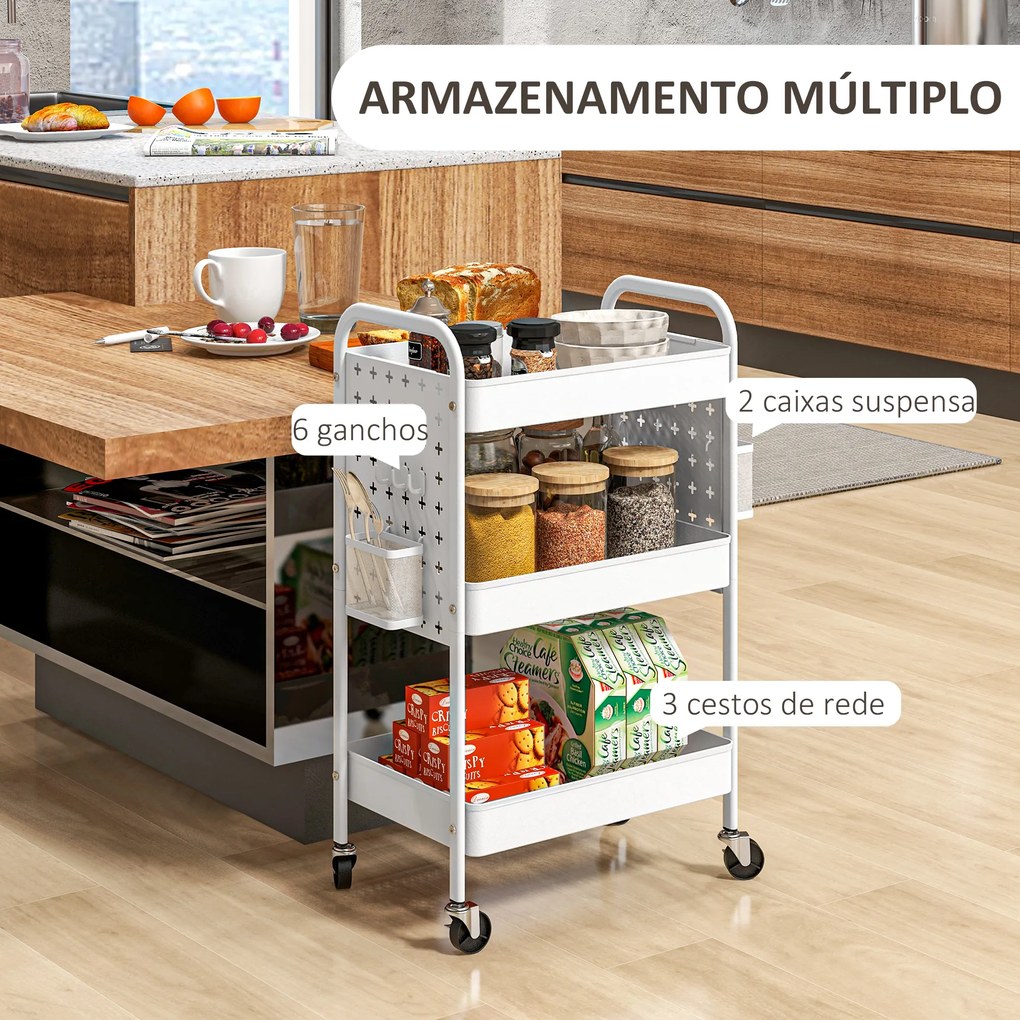 Carrinho Auxiliar com Rodas de Aço com 3 Bandejas 2 Cestos e 6 Ganchos para Cozinha Casa de Banho 53,5x30,5x75 cm Branco