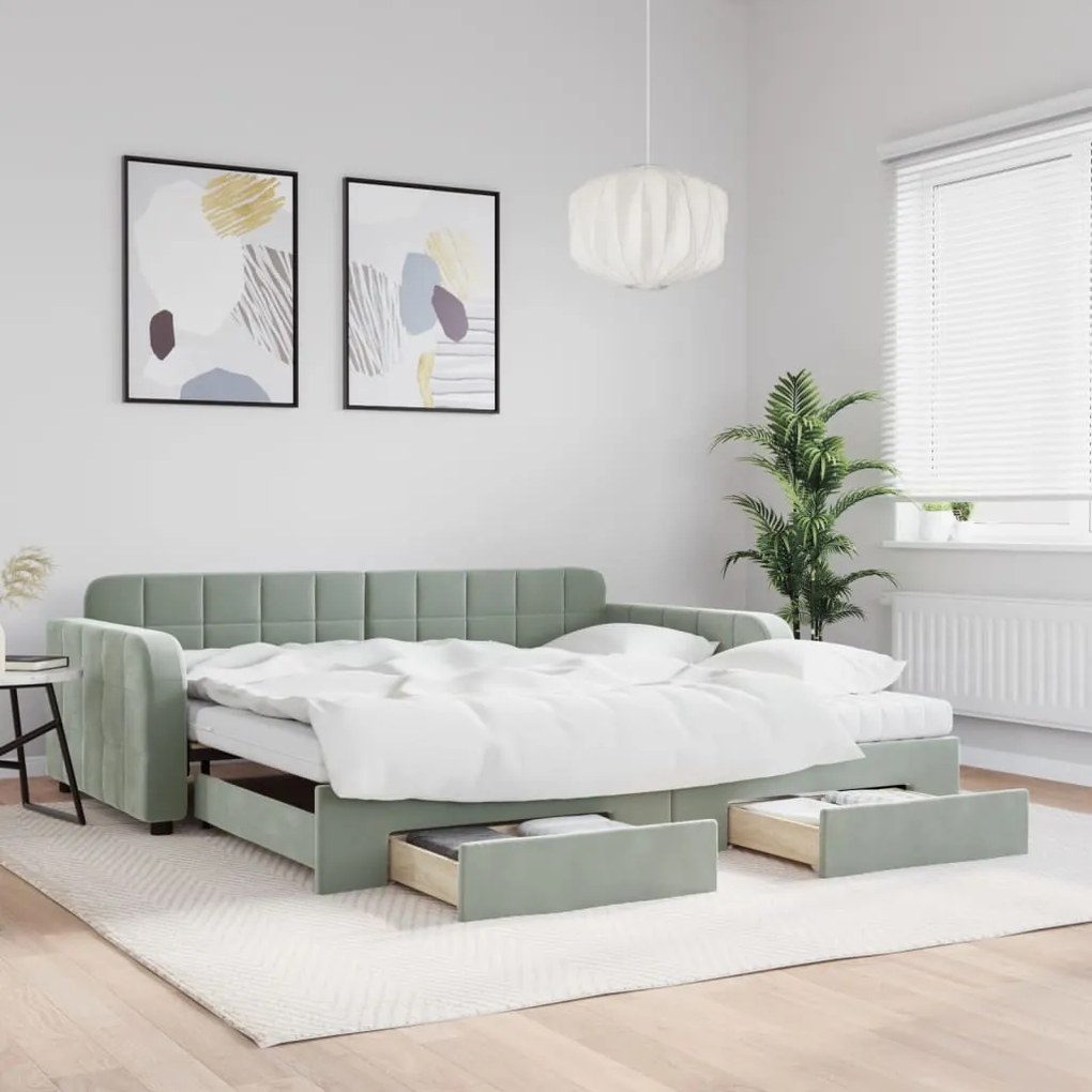vidaXL Sofá-cama c/ gavetão e gavetas 100x200 cm veludo cinzento-claro