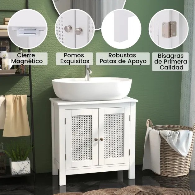 Armário para lavatório (Não incluído) com 2 portas de rattan com recorte em U 60 x 30 x 60 cm Branco