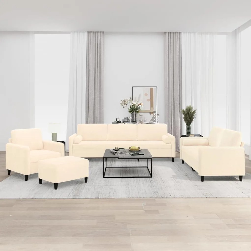 vidaXL 4 pcs conjunto sofás c/ almofadas/almofadões veludo cor creme