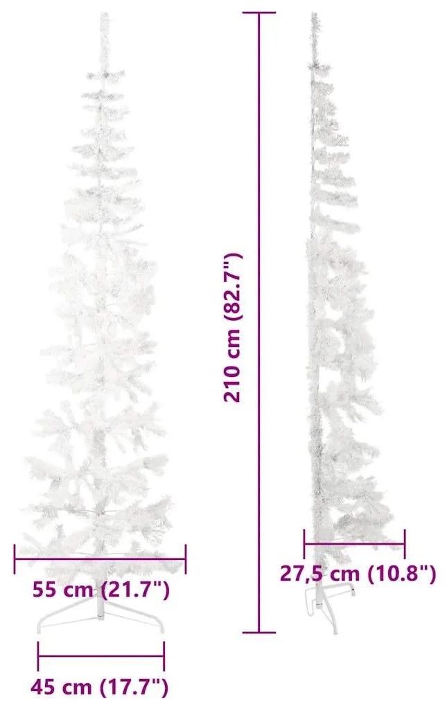 Meia árvore de Natal fina com suporte 210 cm branco