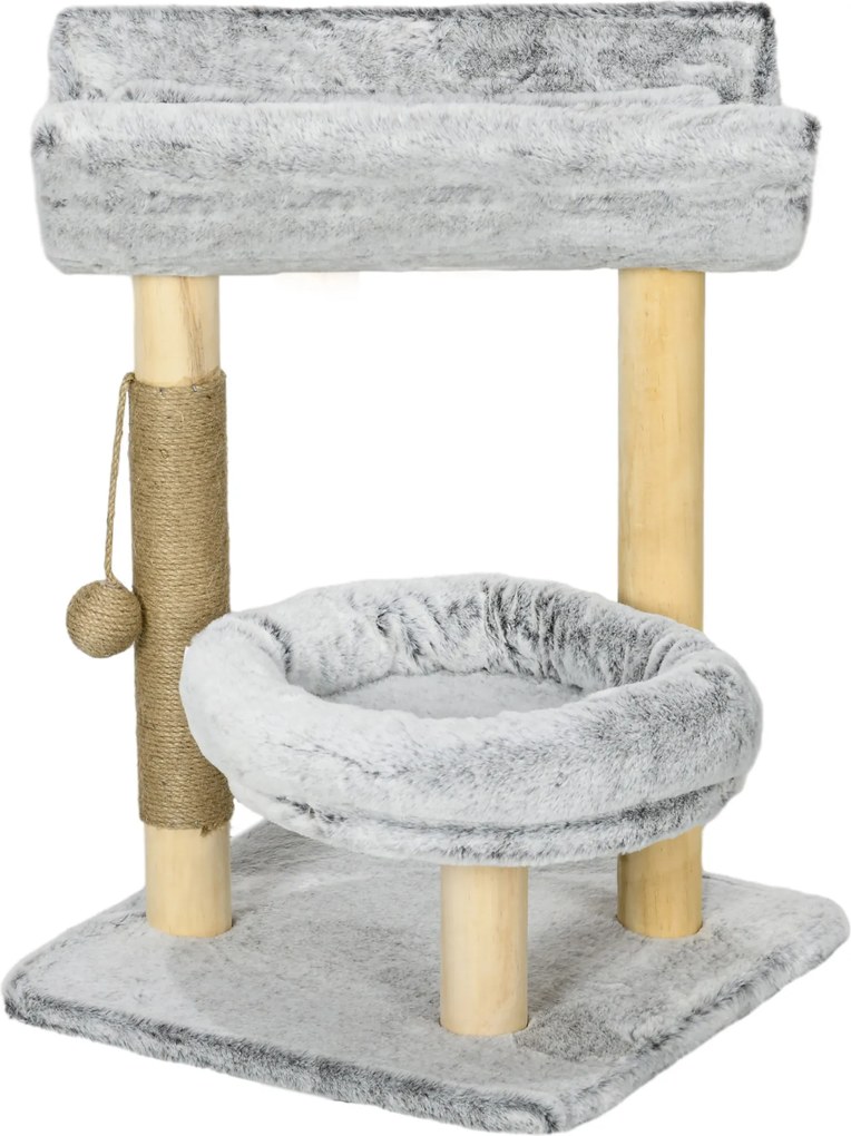 Arranhador para gatos, 1 nicho superior com almofada lavável, 1 nicho redondo em pelúcia, altura 60 cm, cinzento