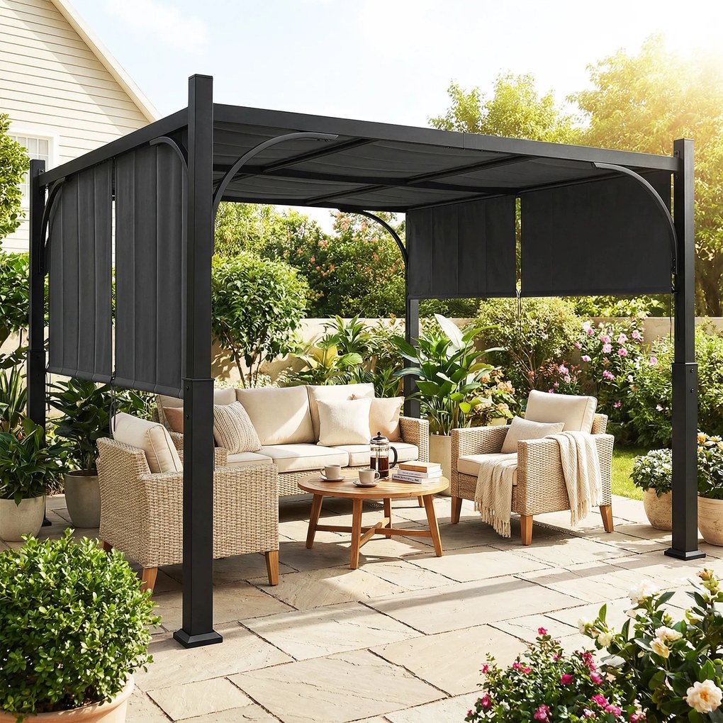 Pérgula de jardim de 3 x 3 m com Tenda deslizante, estrutura metálica, para exterior, cinzento escuro
