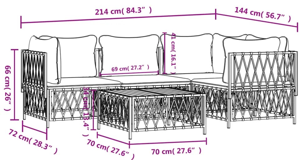 5 pcs conjunto lounge de jardim com almofadões aço branco