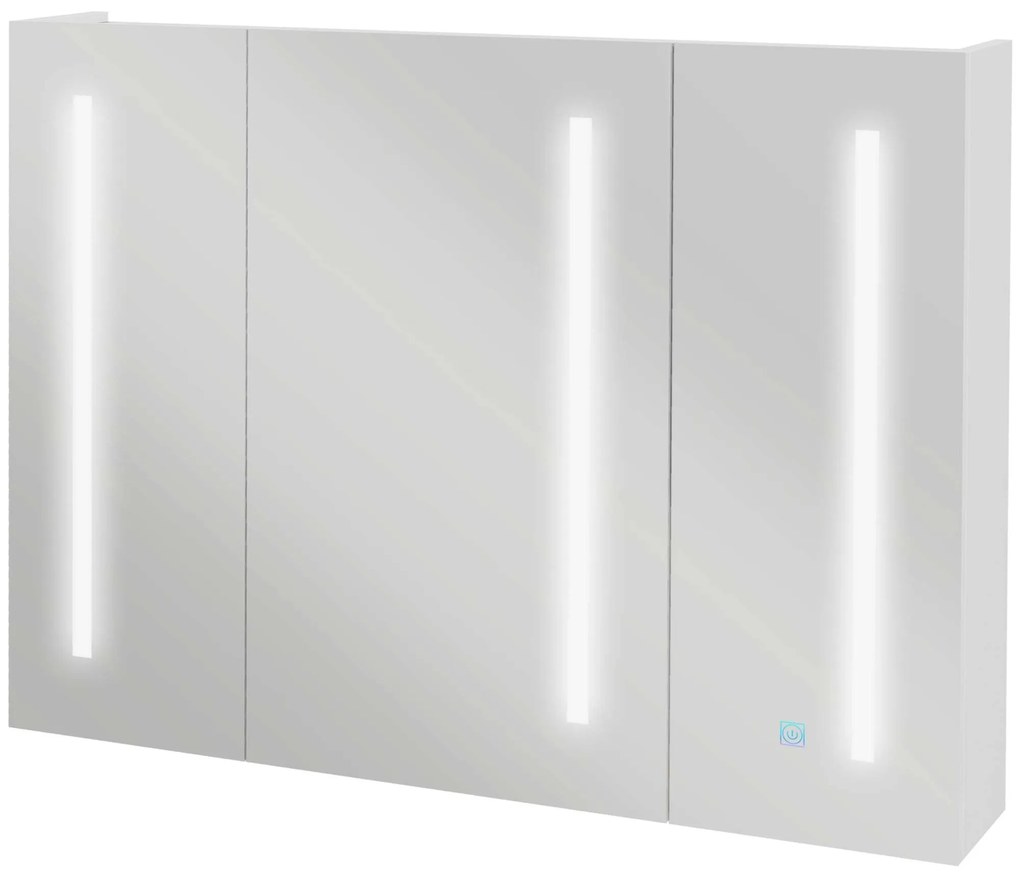 kleankin Armário Casa de Banho com Espelho e Luz LED com 3 Portas Prateleiras Ajustáveis e Interruptor 90x15x70 cm Branco Brilhante