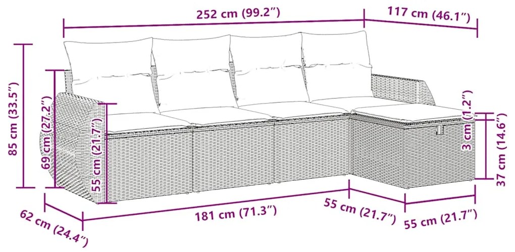 5 pcs conjunto sofás de jardim com almofadões vime PE preto