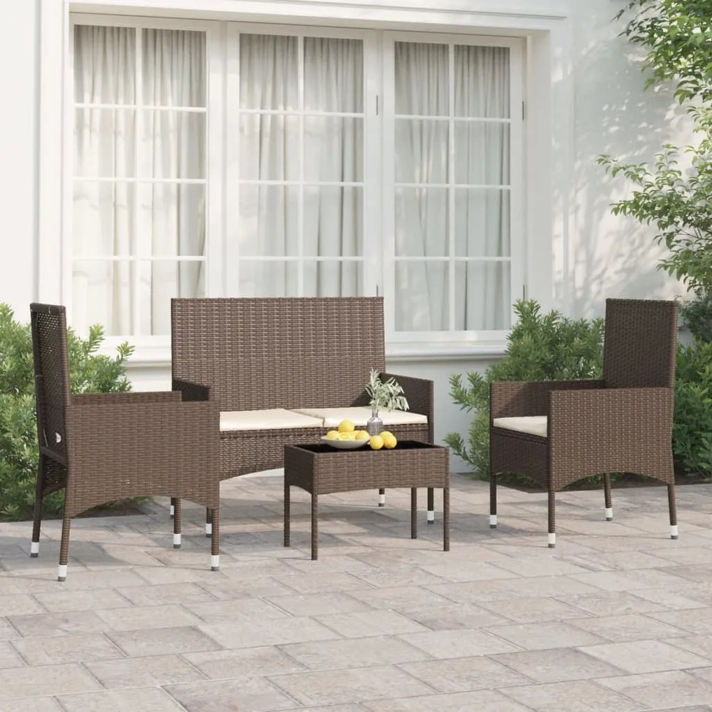 319495 vidaXL 4 pcs conjunto lounge jardim c/ almofadões vime PE castanho