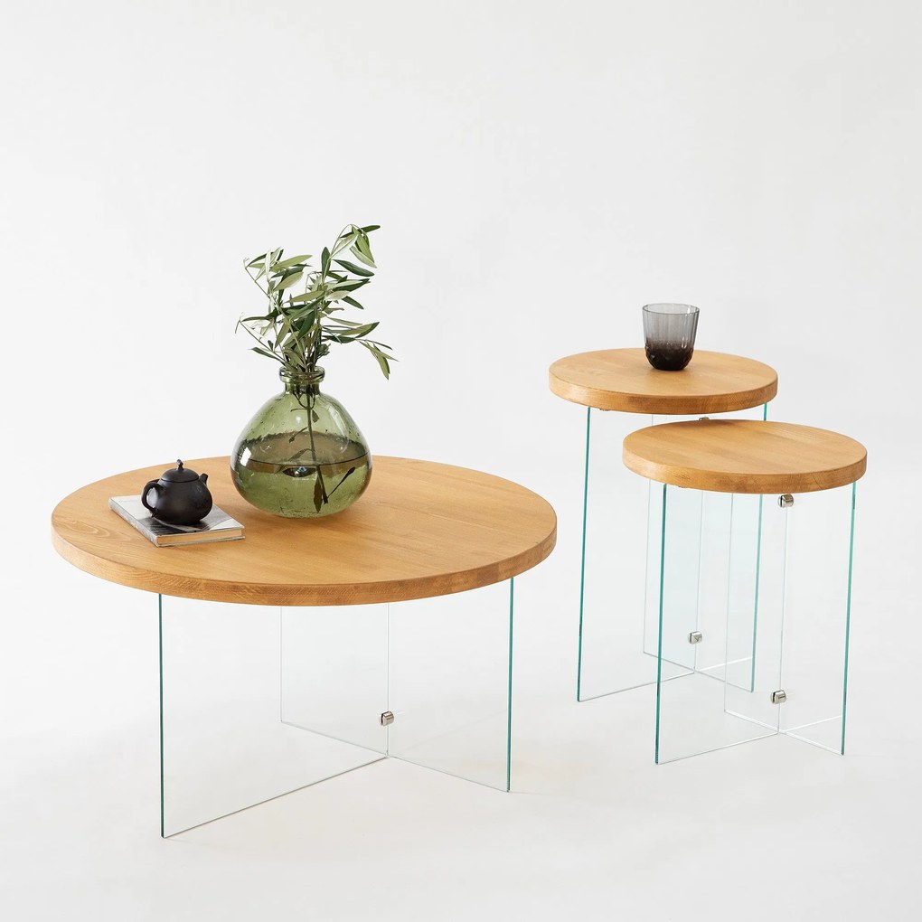 Conjunto de Mesas de Centro Serenity – Carvalho e Transparente – 35x51