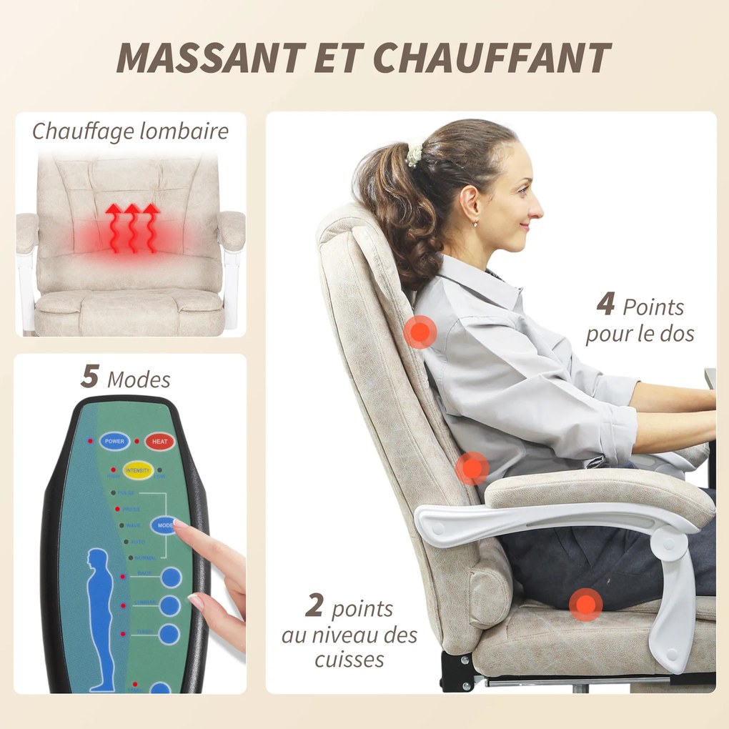 Cadeira de escritório com função de massagem e aquecimento, altura ajustável, encosto reclinável, 65 x 70 x 111–119 cm, creme