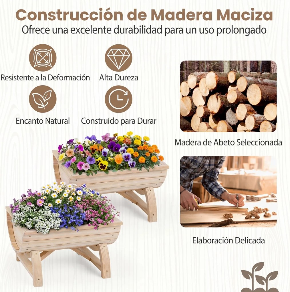 Conjunto de 2 vasos de madeira de abeto em forma de meio barril com orifícios de drenagem para flores e vegetais, para interior e exterior, acabamento