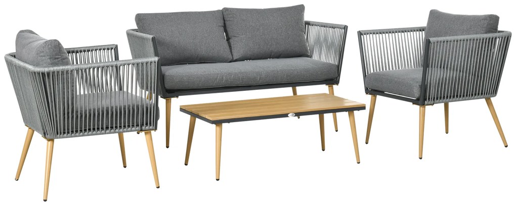 Outsunny Conjunto de Móveis de Jardim de Vime 4 Peças com Sofá de 2 Lugares 2 Poltronas e Mesa de Centro Cinza