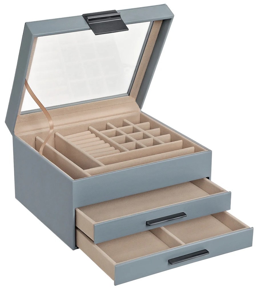 Caixa de joias SONGMICS com tampa de vidro, organizador de joias de 3 camadas com 2 gavetas, armazenamento de joias, amplo espaço de armazenamento, estilo moderno, presente para entes queridos, azul esfumaçado JBC239BU