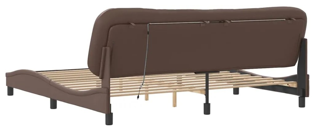 Estrutura cama c/ luz LED 200x200 cm couro artificial castanho