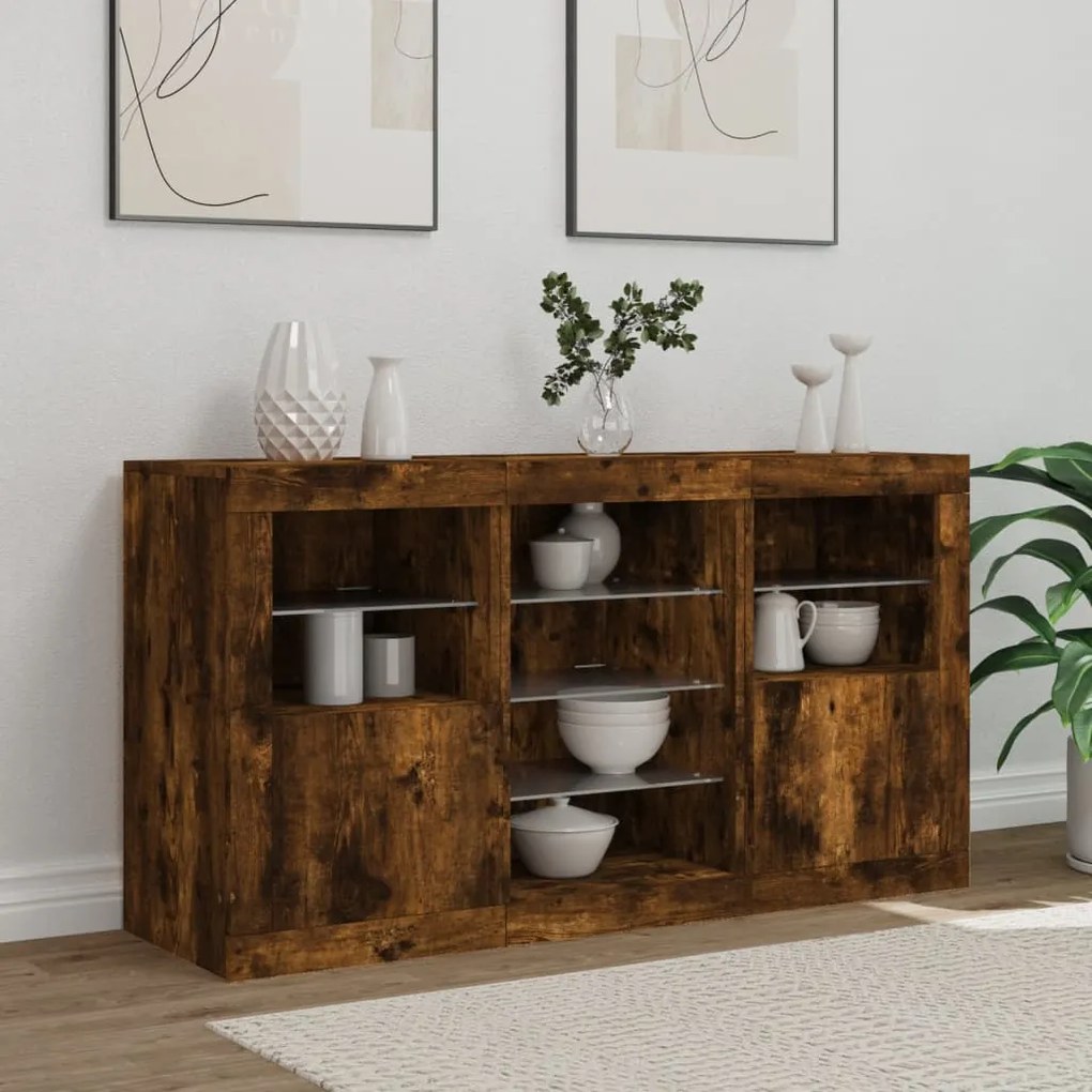 Aparador com luzes LED 123x37x67 cm carvalho fumado