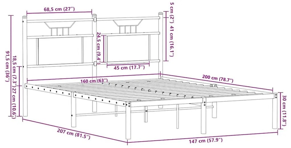 Estrutura de cama sem colchão 180x200cm metal carvalho sonoma
