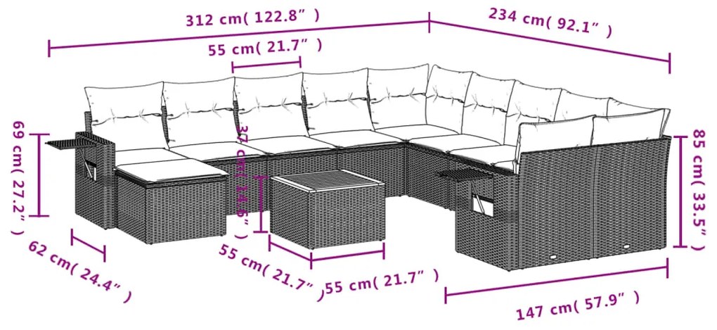 12 pcs conjunto de sofás jardim c/ almofadões vime PE cinzento