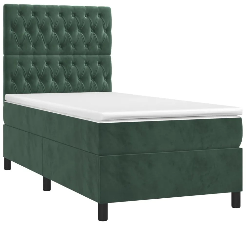 Cama box spring c/ colchão/LED 80x200 cm veludo verde-escuro