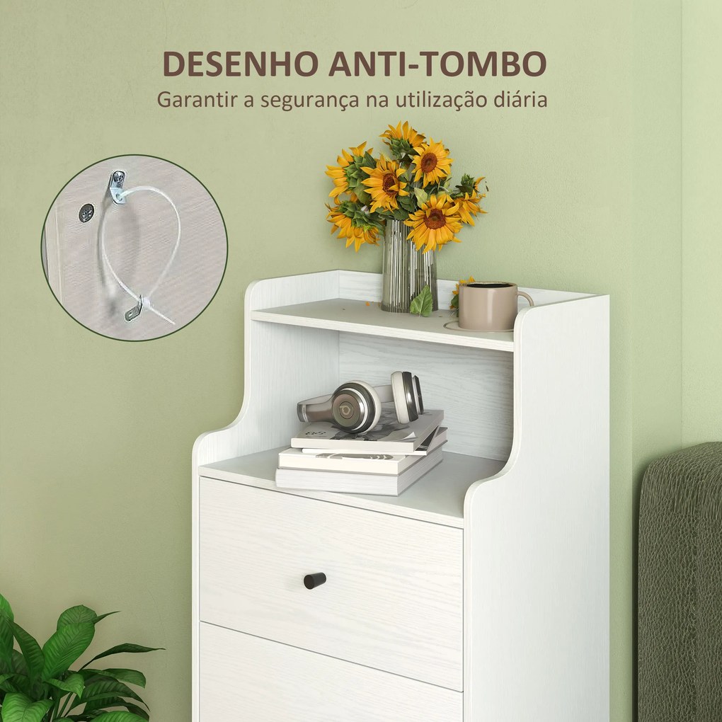 Cómoda com 3 Gavetas Cómoda de Quarto Estreita com Prateleiras Abertas Anti-Tombo Gaveteiro Alto 47x29x95 cm Branco