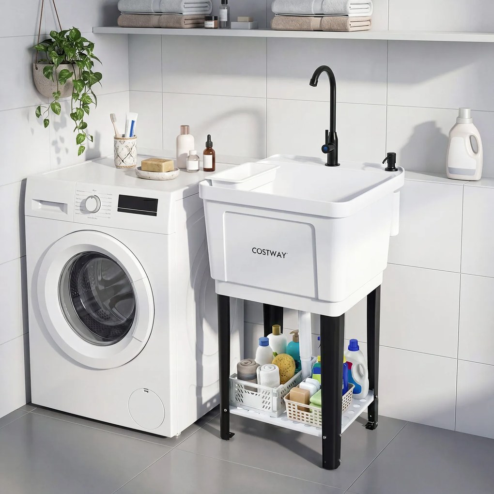 Lava-loiça de Lavandaria plastico, 50,5 x 48 x 120,5 cm, Torneira Giratória de 360°, Branco