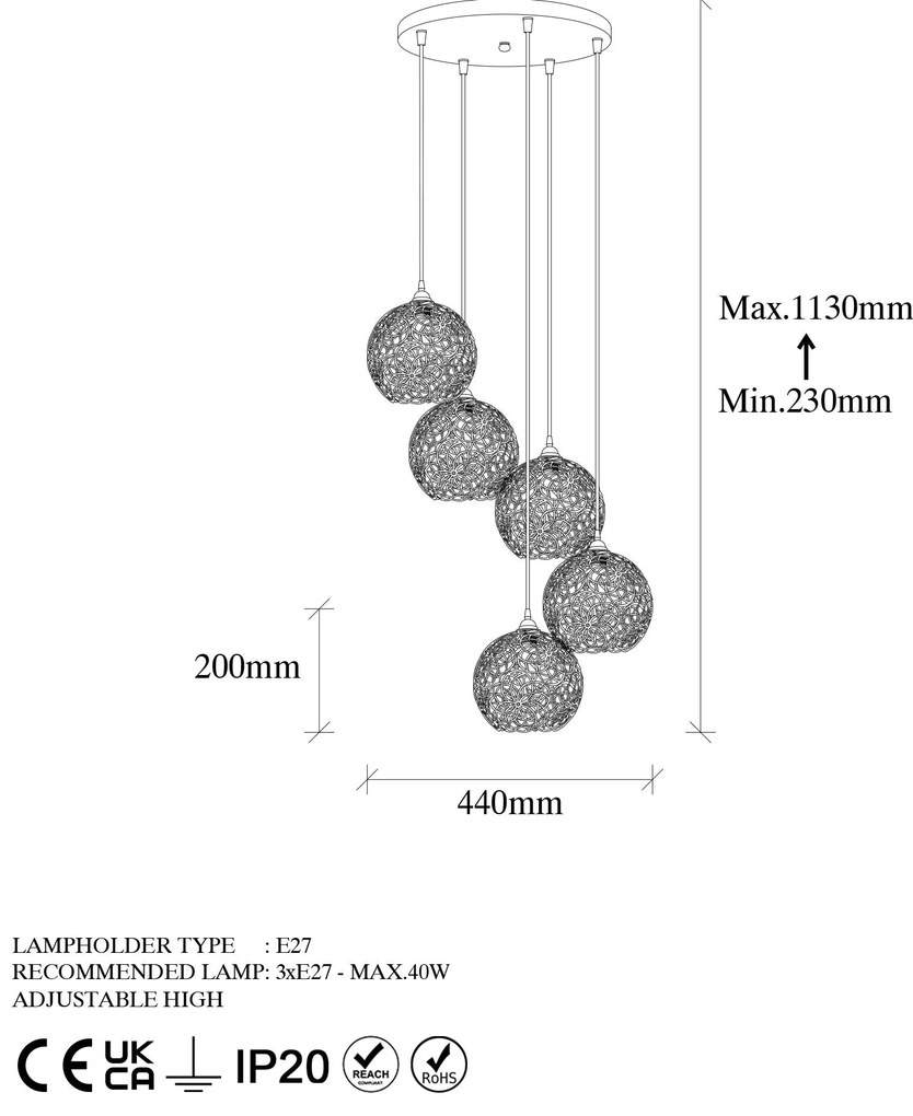 Chandelier Hay – Preto – 44 x 44 x 113 cm