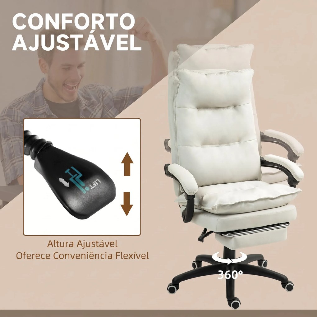 Cadeira de Secretária com Massagem, Altura Ajustável, Encosto Reclinável, Apoio para os Pés e Rotação 360°, Creme