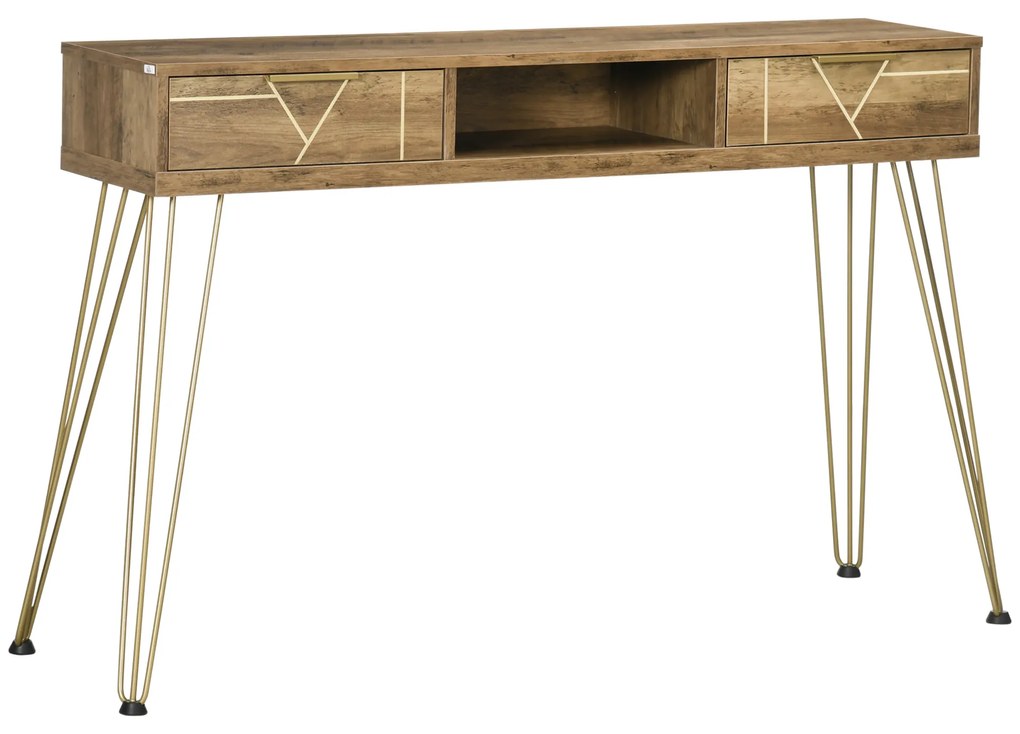 HOMCOM Consola Móvel de Entrada com 2 Gavetas Prateleira Aberta e Pés de Aço para Sala de Estar Corredor Estilo Moderno 120x29x79cm Madeira e Bronze