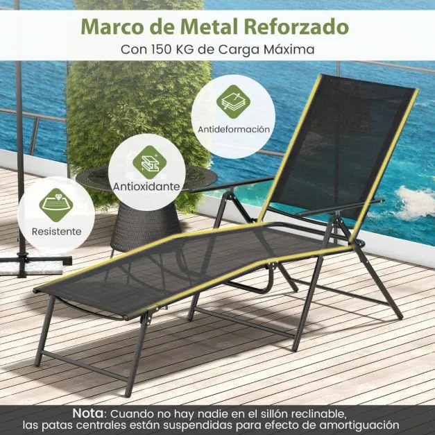 Conjunto de 2 espreguiçadeiras jardim dobráveis com encosto de 6 níveis Assento respirável Estrutura metálica em tecido 189 x 64 x 102 cm Preto