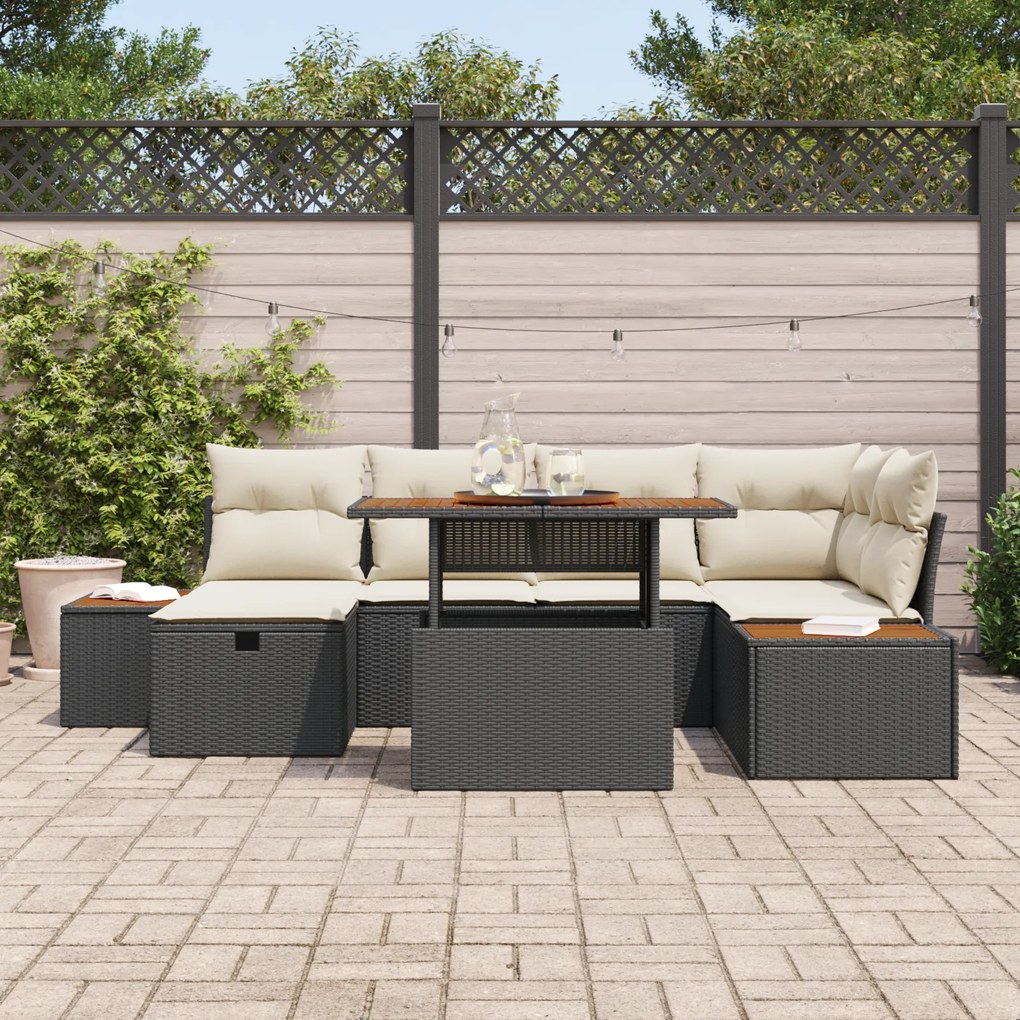 Conjunto de Sofá de Jardim de 7 Peças com Almofadas Preto de Rattan