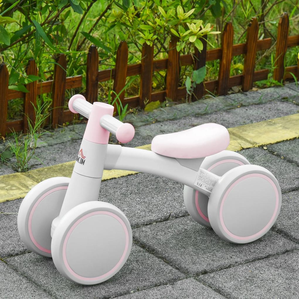 HOMCOM Bicicleta sem Pedais para Crianças de 1-3 Anos Bicicleta de Equilíbrio com 4 Rodas Leves Carro Andador Infantil 60x24x37cm Rosa