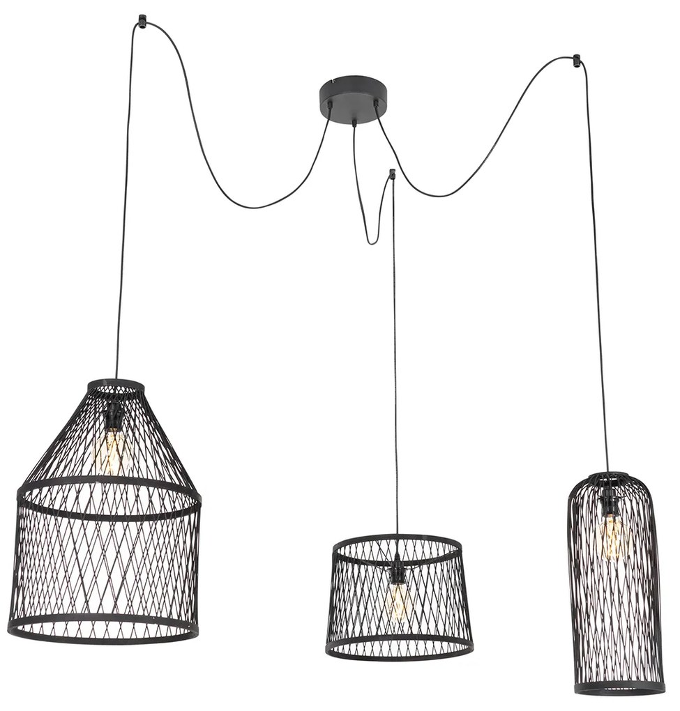 Candeeiro de suspensão exterior inteligente preto em vime 3 luzes com LED incluído - Calamus Rústico