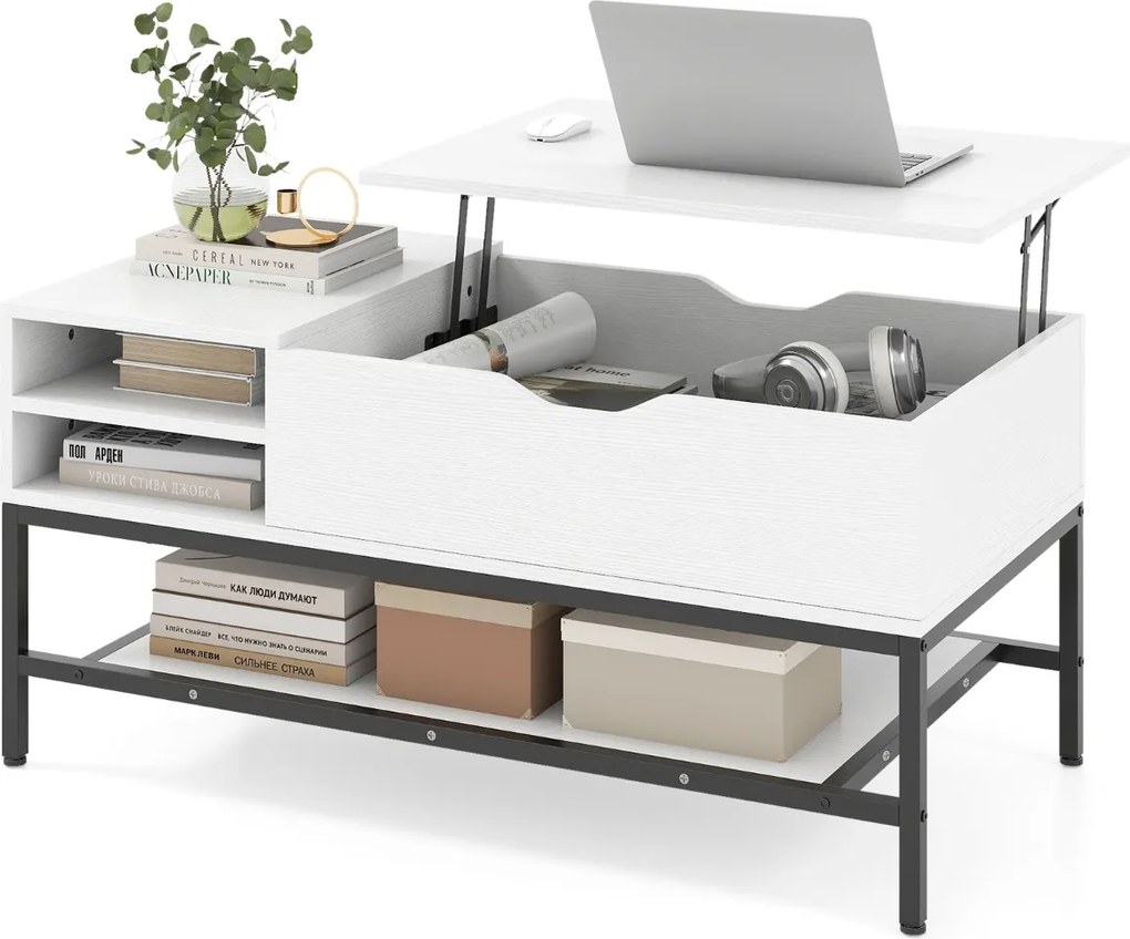 Mesa de centro elevável 99,5 x 49,5 x 47,5 cm com compartimento oculto com prateleira de armazenamento elevável Branca
