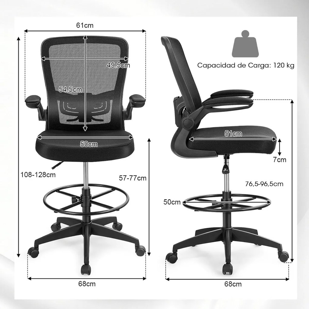 Cadeira de escritório ergonómica ajustável em altura com malha, rodas, apoios de braços eleváveis, apoio para os pés, estilo moderno, carga 120 kg Pre