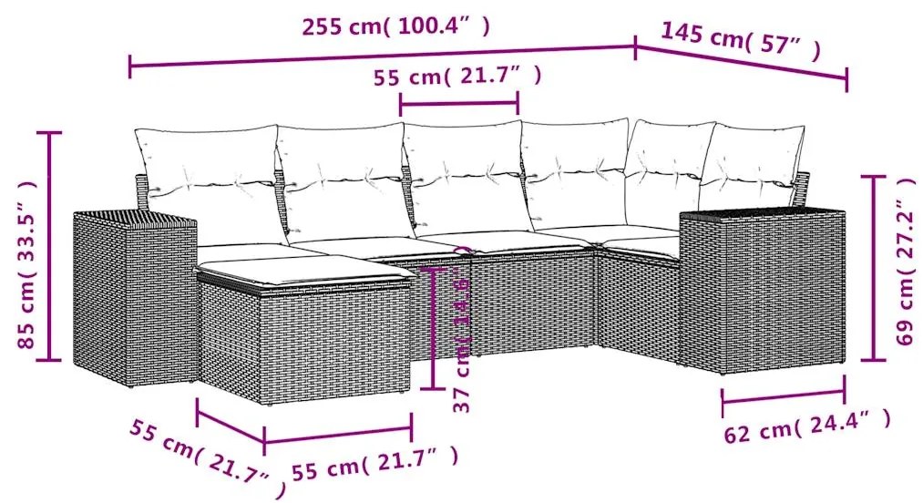 6 pcs conjunto sofás de jardim c/ almofadões vime PE preto