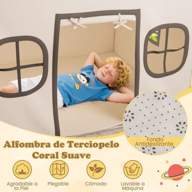 Casa de brincar para crianças para interior 120 x 101 x 143 cm, com luzes de estrelas e tapete acolchoado a partir dos 3 anos Bege + Café