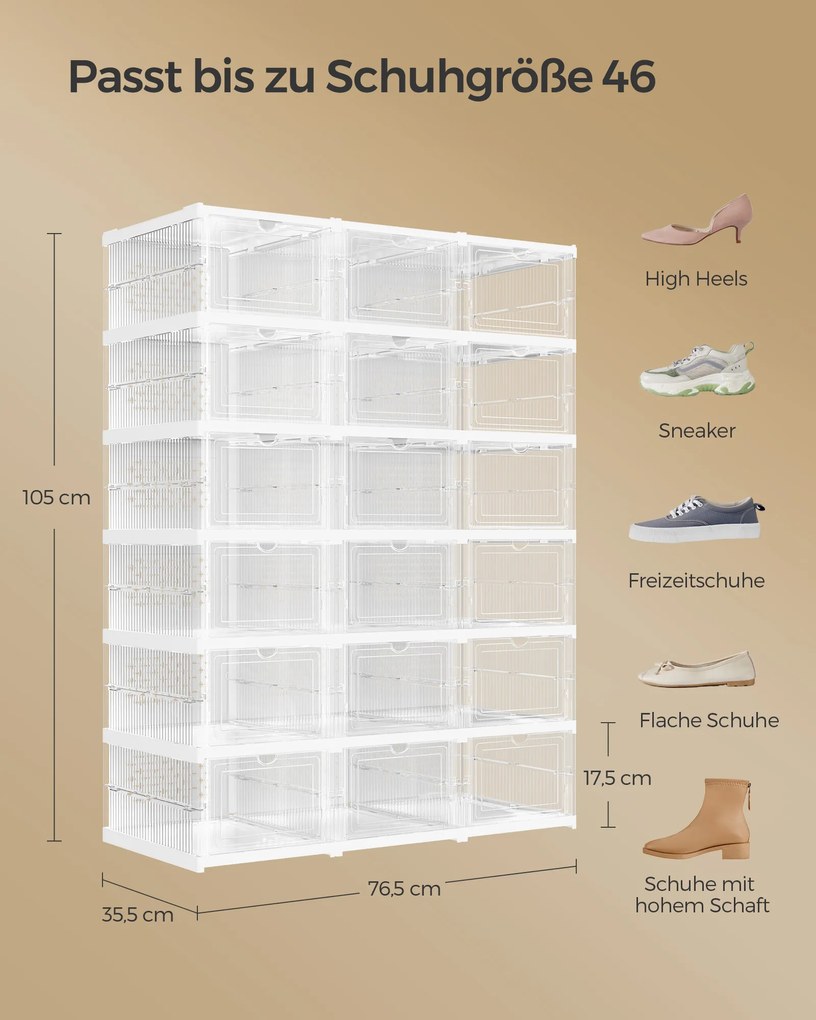 Conjunto de 3 sapateiras com 18 caixas de sapatos Montagem em 1 minuto Transparente