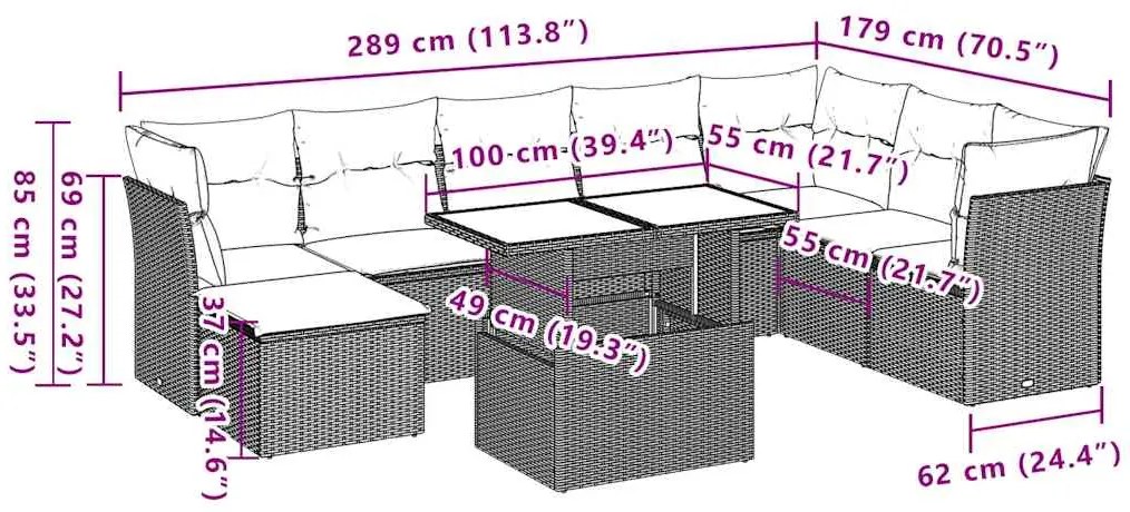 9 pcs conjunto de sofás p/ jardim c/ almofadões vime PE preto