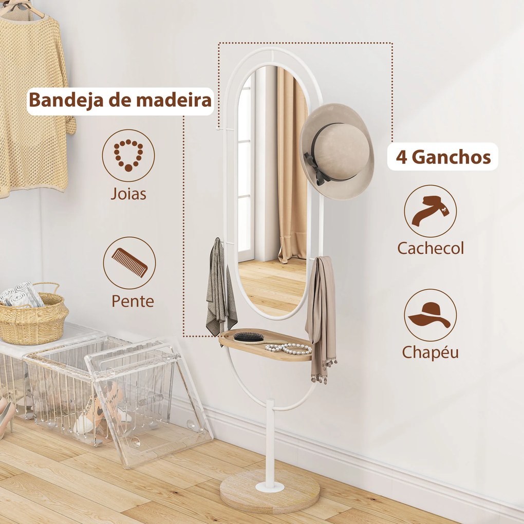 Espelho de Pé 50x175,5 cm Espelho de Corpo Inteiro com Bandeja de Madeira 4 Ganchos e Estrutura de Metal 50x40x175,5 cm Branco